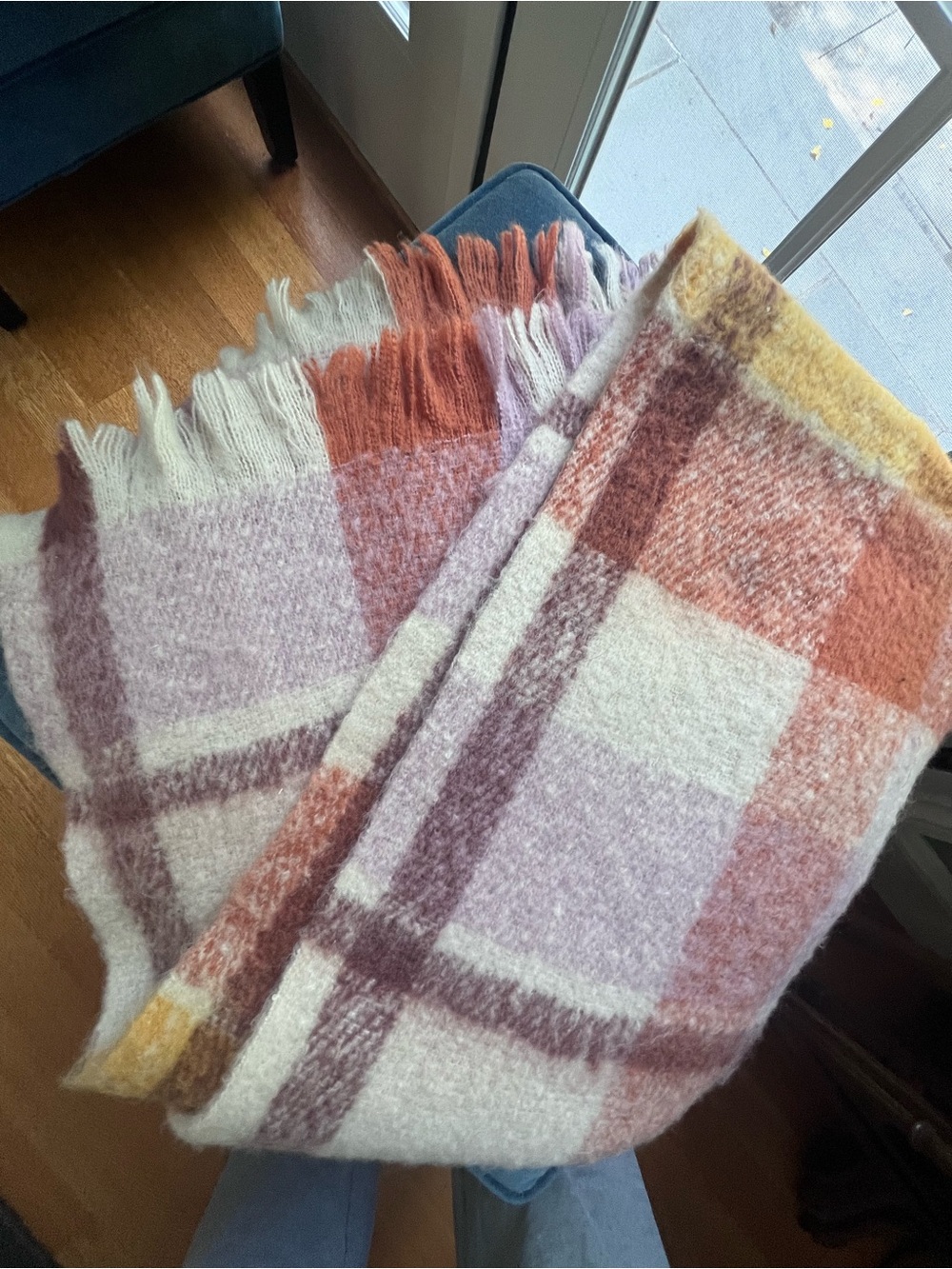 Steve Madden Plaid Fringe Scarf – Pink, Mauve & Cream